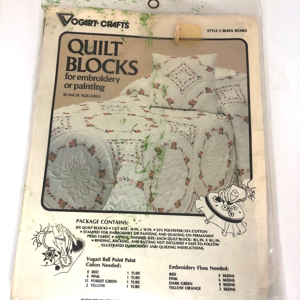Vogart Crafts Quilt Blocks Kit, Roses Pattern, Style #8642A, VINTAGE
